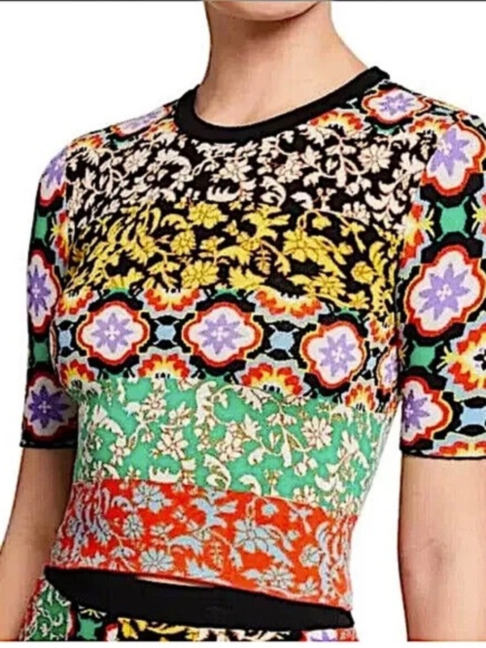 ALICE + OLIVIA Ciara Mixed-Pattern Crewneck Sweater Size SP